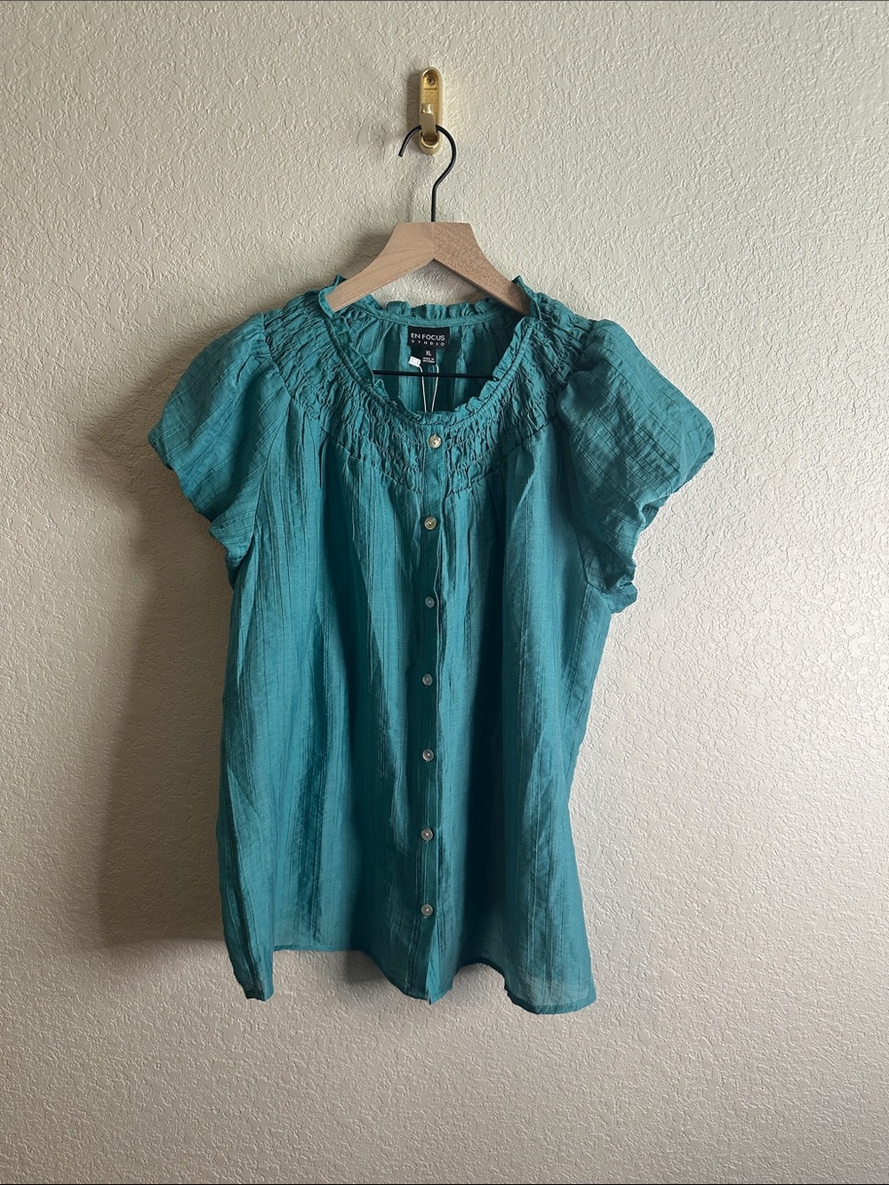 En Focus Teal Smocked Short Sleeve Button Down Blouse NWT XL